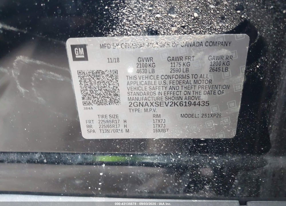2019 CHEVROLET EQUINOX VIN: 2GNAXSEV2K6194435
