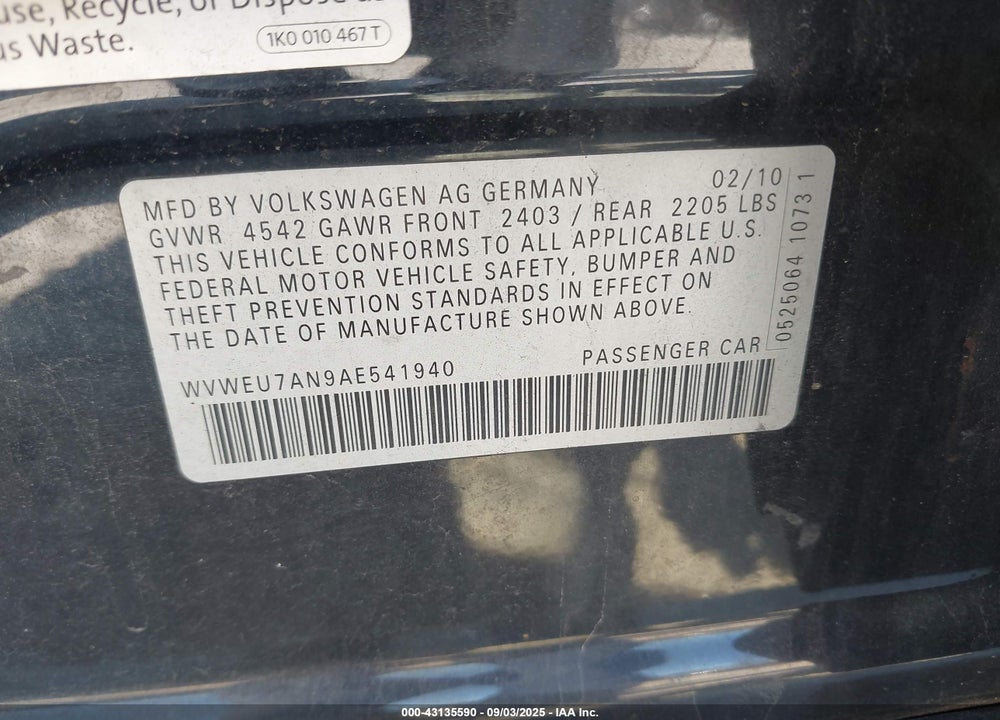 2010 VOLKSWAGEN CC VIN: WVWEU7AN9AE541940