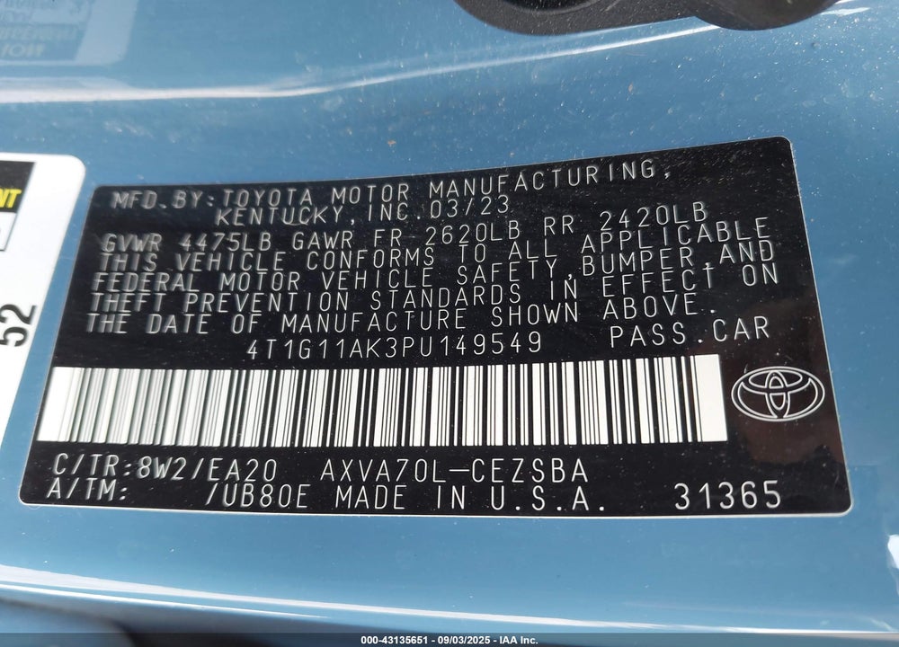 2023 TOYOTA CAMRY SE VIN: 4T1G11AK3PU149549