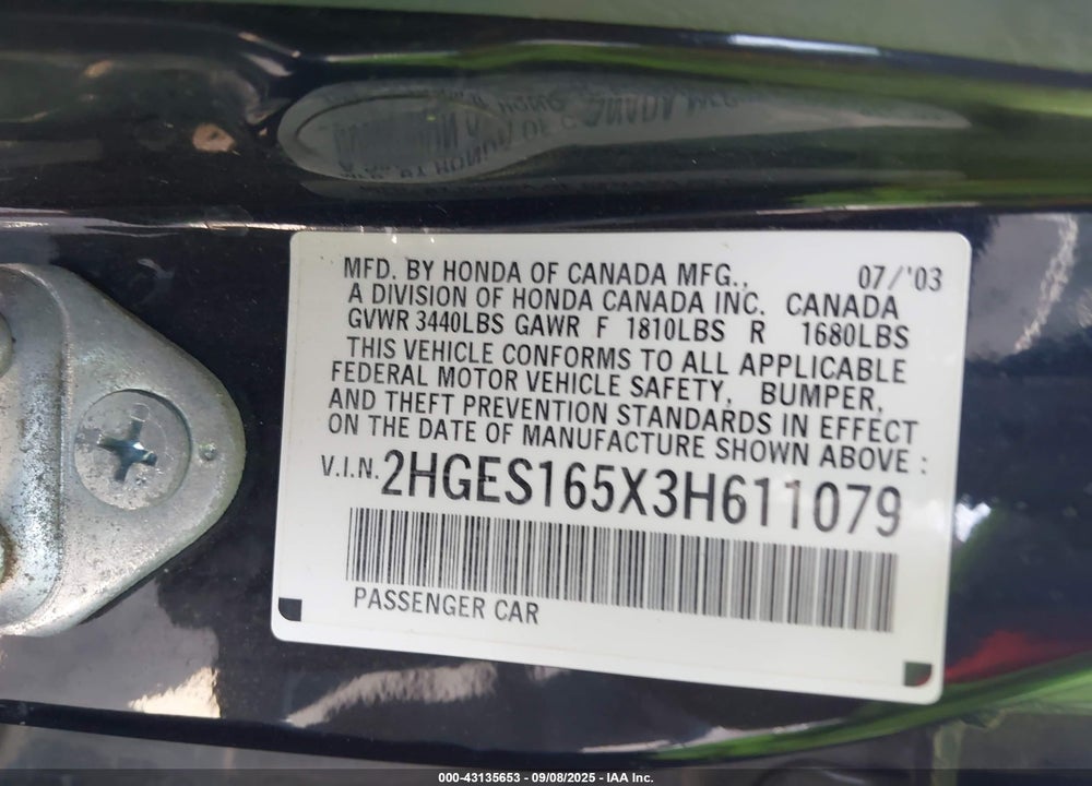 2003 HONDA CIVIC LX VIN: 2HGES165X3H611079
