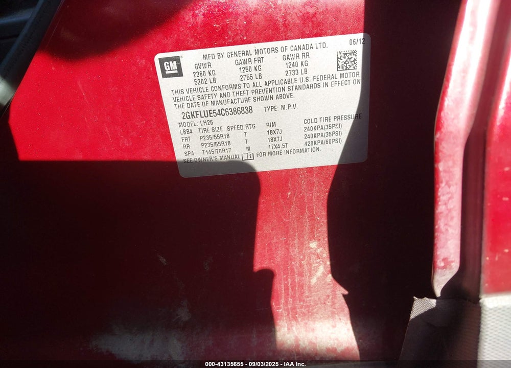 2012 GMC TERRAIN SLT-1 VIN: 2GKFLUE54C6386838