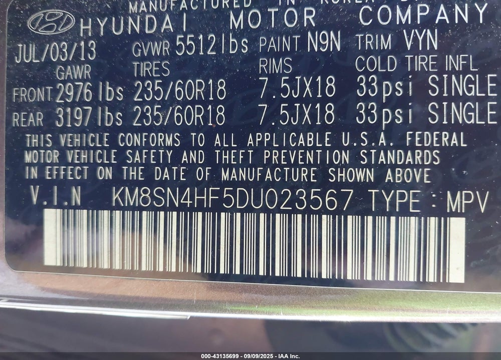 2013 HYUNDAI SANTA FE VIN: KM8SN4HF5DU023567