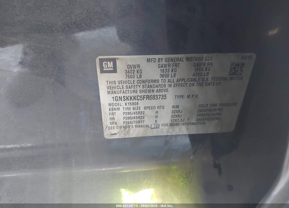 2015 CHEVROLET SUBURBAN 1500 VIN: 1GNSKKKC5FR683735