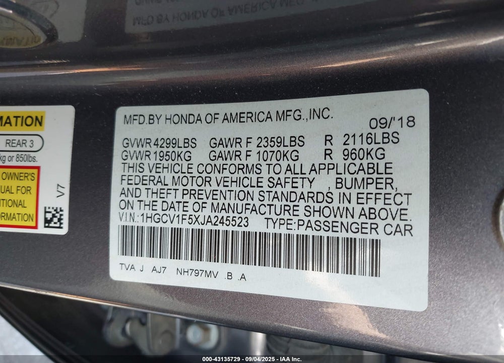 2018 HONDA ACCORD VIN: 1HGCV1F5XJA245523