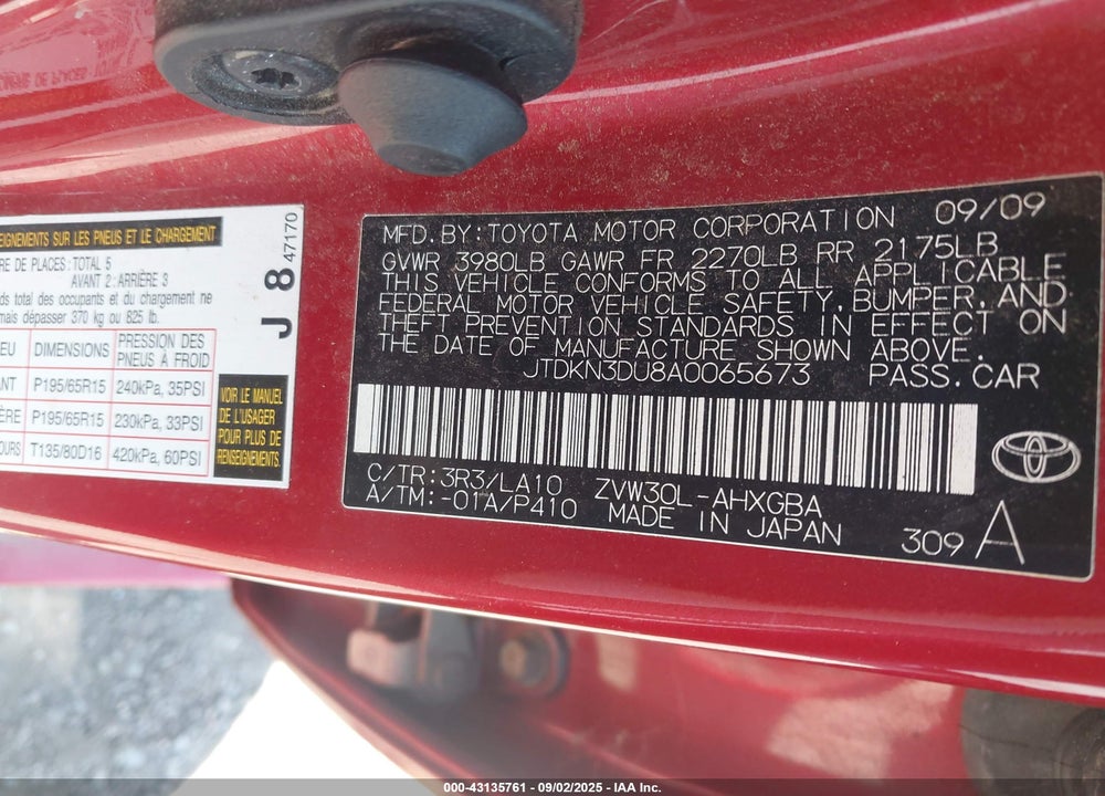 2010 TOYOTA PRIUS IV VIN: JTDKN3DU8A0065673