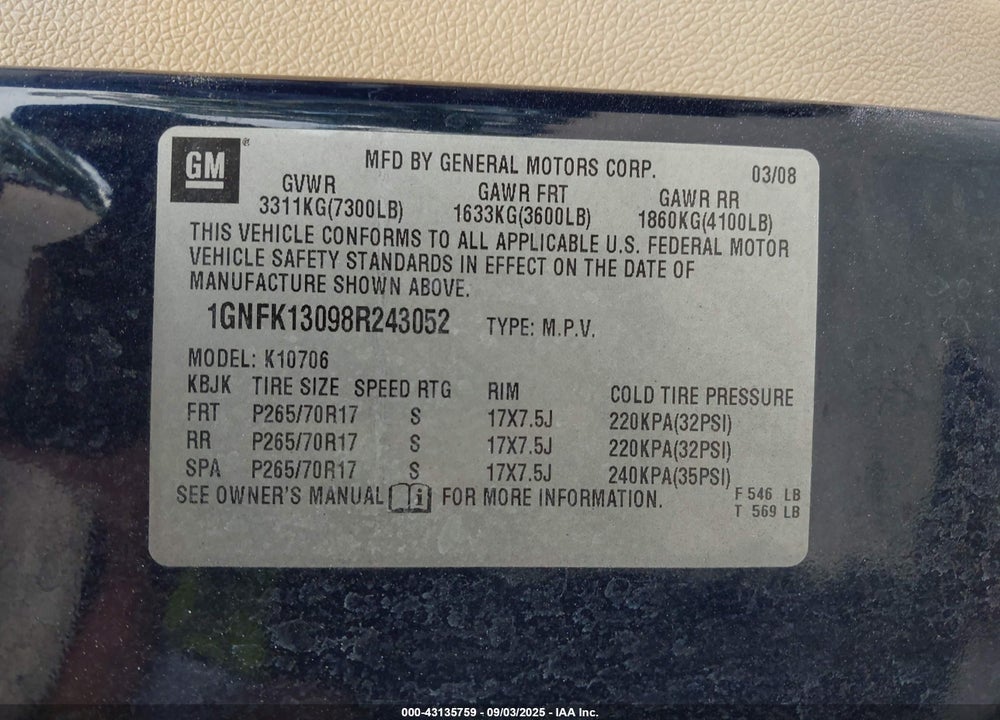 2008 CHEVROLET TAHOE VIN: 1GNFK13098R243052