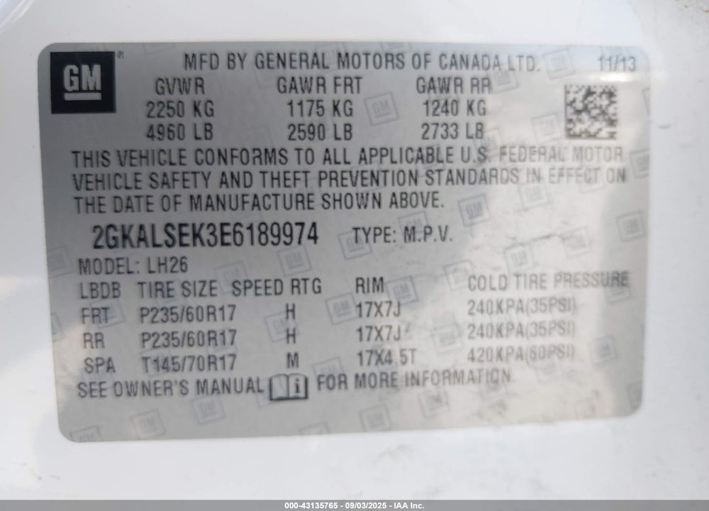 2014 GMC TERRAIN VIN: 2GKALSEK3E6189974