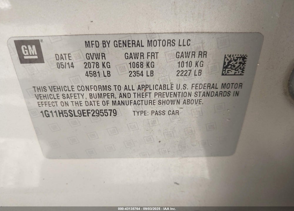 2014 CHEVROLET MALIBU VIN: 1G11H5SL9EF295579