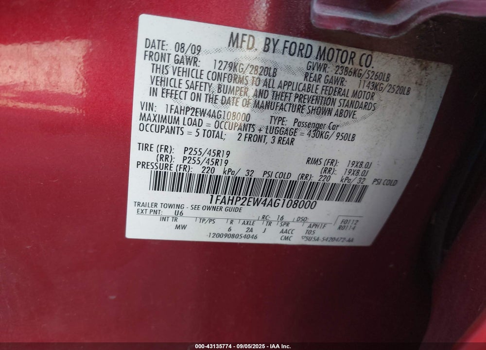 2010 FORD TAURUS VIN: 1FAHP2EW4AG108000