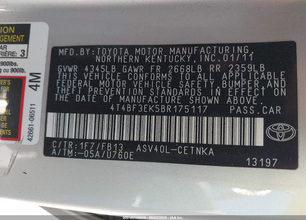 2011 TOYOTA CAMRY VIN: 4T4BF3EK5BR175117