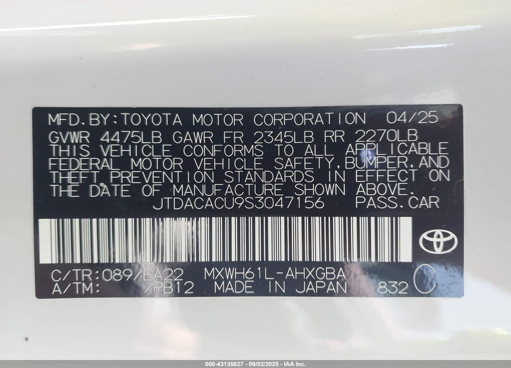 2025 TOYOTA PRIUS PLUG-IN VIN: JTDACACU9S3047156