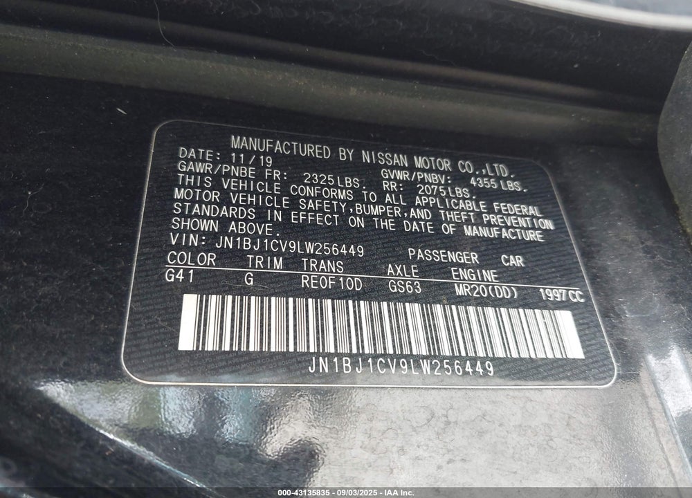 2020 NISSAN ROGUE SPORT S FWD XTRONIC CVT VIN: JN1BJ1CV9LW256449