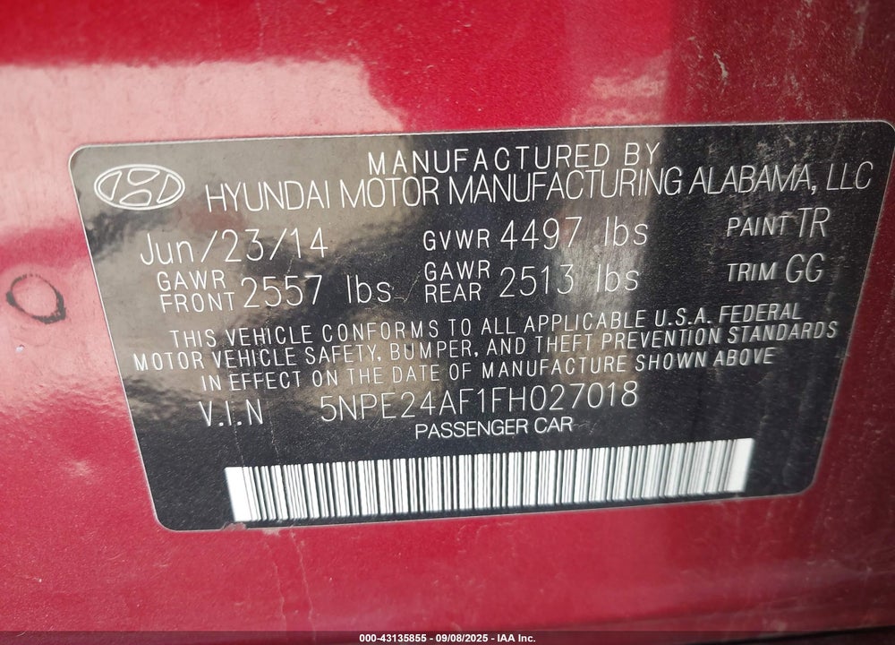 2015 HYUNDAI SONATA VIN: 5NPE24AF1FH027018