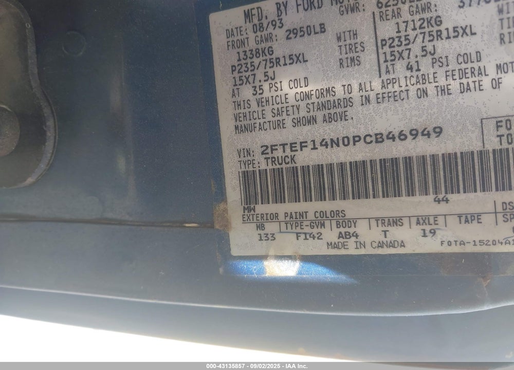 1993 FORD F150 VIN: 2FTEF14N0PCB46949