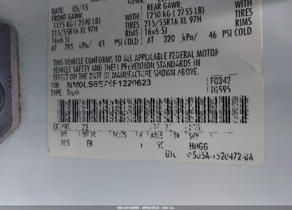 2015 FORD TRANSIT CONNECT XL VIN: NM0LS6E75F1220623