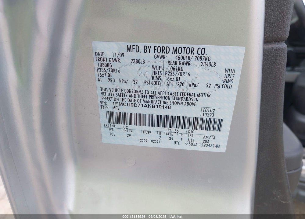 2010 FORD ESCAPE VIN: 1FMCU9D71AKB10148