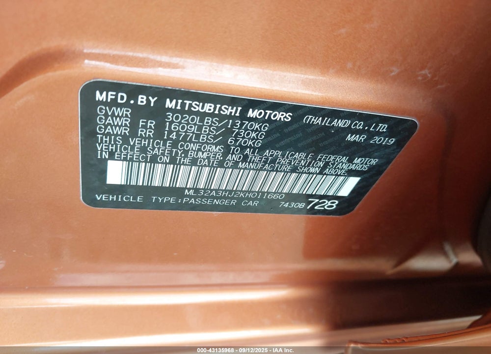 2019 MITSUBISHI MIRAGE VIN: ML32A3HJ2KH011660