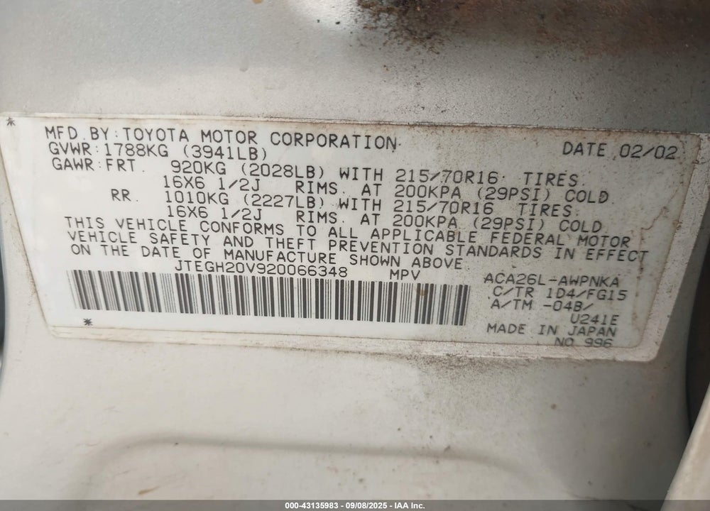 2002 TOYOTA RAV4 VIN: JTEGH20V920066348