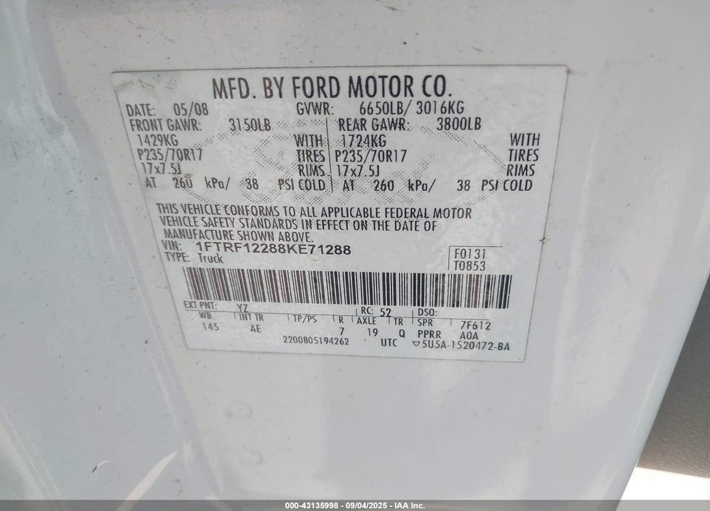 2008 FORD F-150 STX/XL/XLT VIN: 1FTRF12288KE71288