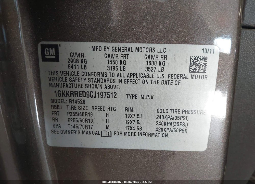 2012 GMC ACADIA VIN: 1GKKRRED9CJ197512