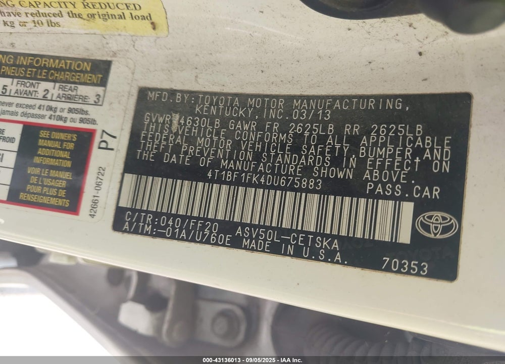 2013 TOYOTA CAMRY VIN: 4T1BF1FK4DU675883