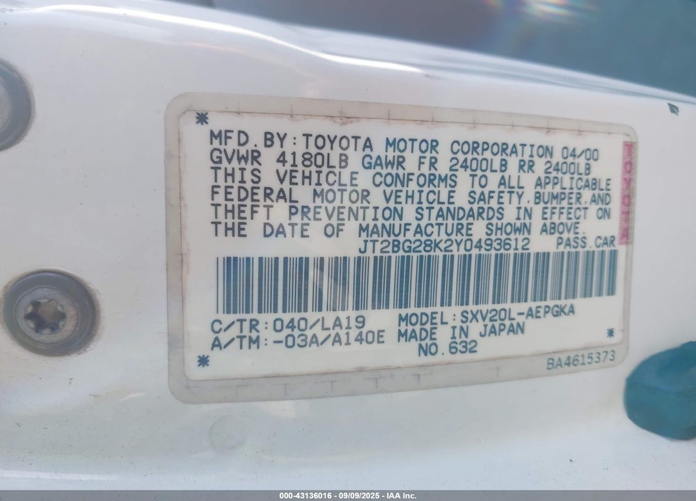 2000 TOYOTA CAMRY XLE VIN: JT2BG28K2Y0493612