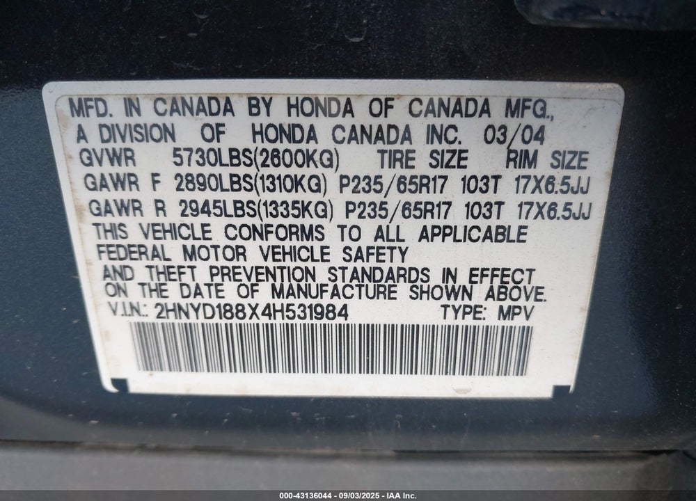 2004 ACURA MDX VIN: 2HNYD188X4H531984