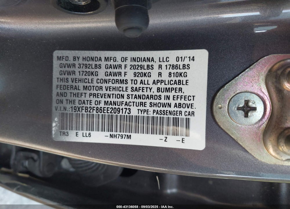 2014 HONDA CIVIC EX VIN: 19XFB2F86EE209173