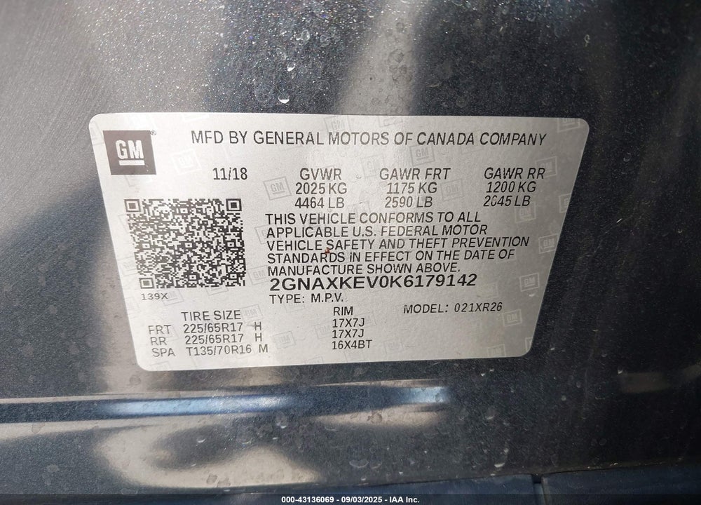2019 CHEVROLET EQUINOX VIN: 2GNAXKEV0K6179142