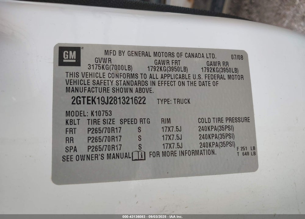 2008 GMC SIERRA 1500 SLE1 VIN: 2GTEK19J281321622