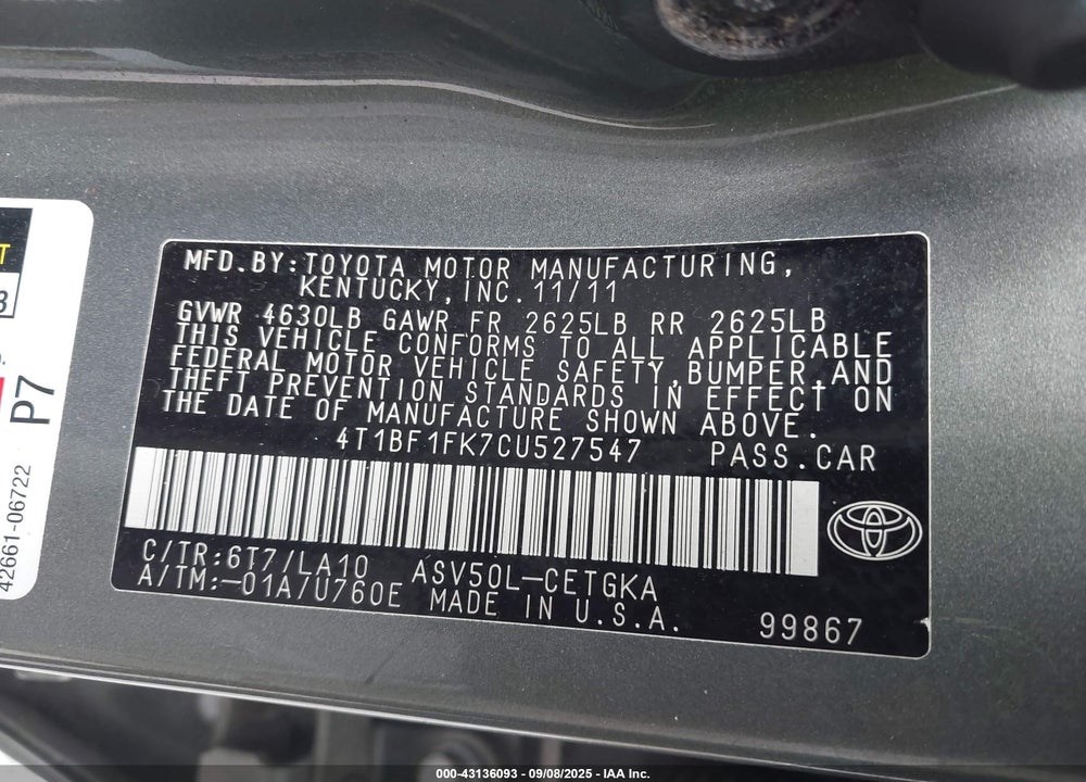 2012 TOYOTA CAMRY VIN: 4T1BF1FK7CU527547