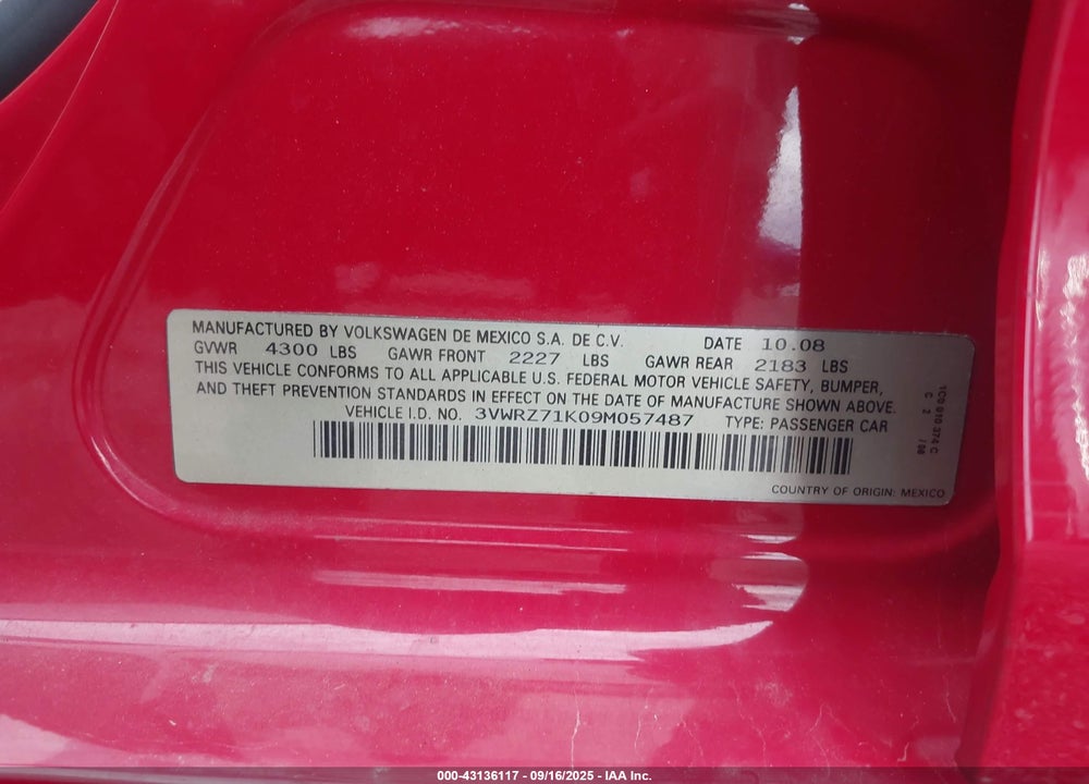 2009 VOLKSWAGEN JETTA SE VIN: 3VWRZ71K09M057487
