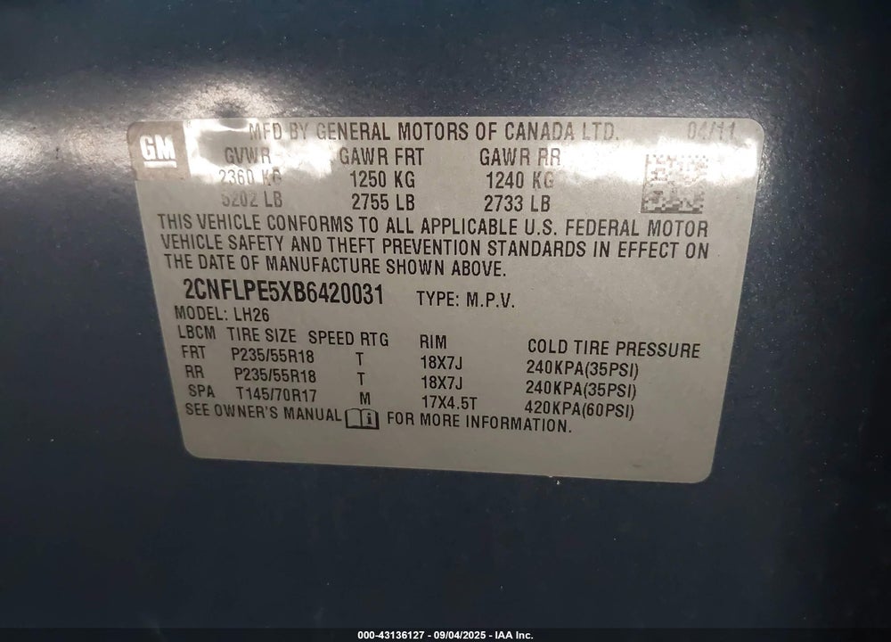 2011 CHEVROLET EQUINOX 2LT VIN: 2CNFLPE5XB6420031