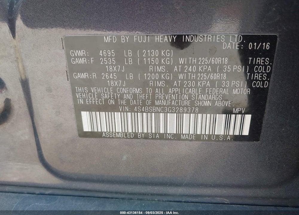 2016 SUBARU OUTBACK VIN: 4S4BSBNC3G3289378