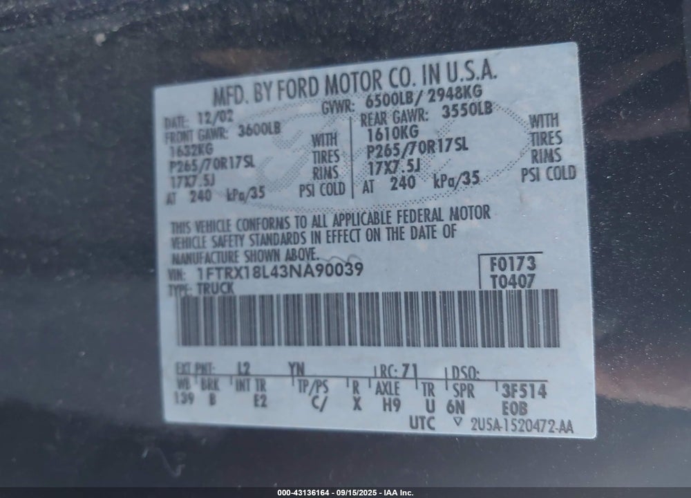 2003 FORD F-150 LARIAT/XL/XLT VIN: 1FTRX18L43NA90039