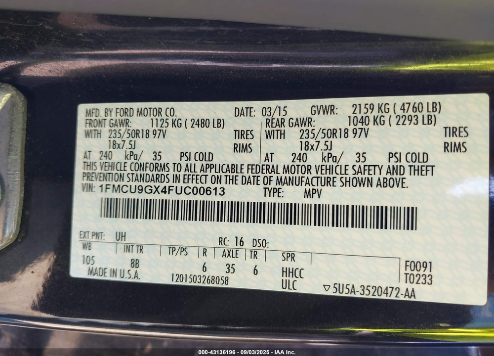 2015 FORD ESCAPE VIN: 1FMCU9GX4FUC00613