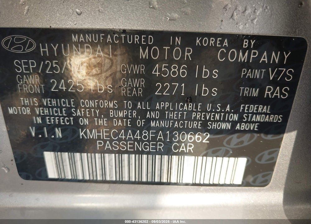 2015 HYUNDAI SONATA HYBRID VIN: KMHEC4A48FA130662
