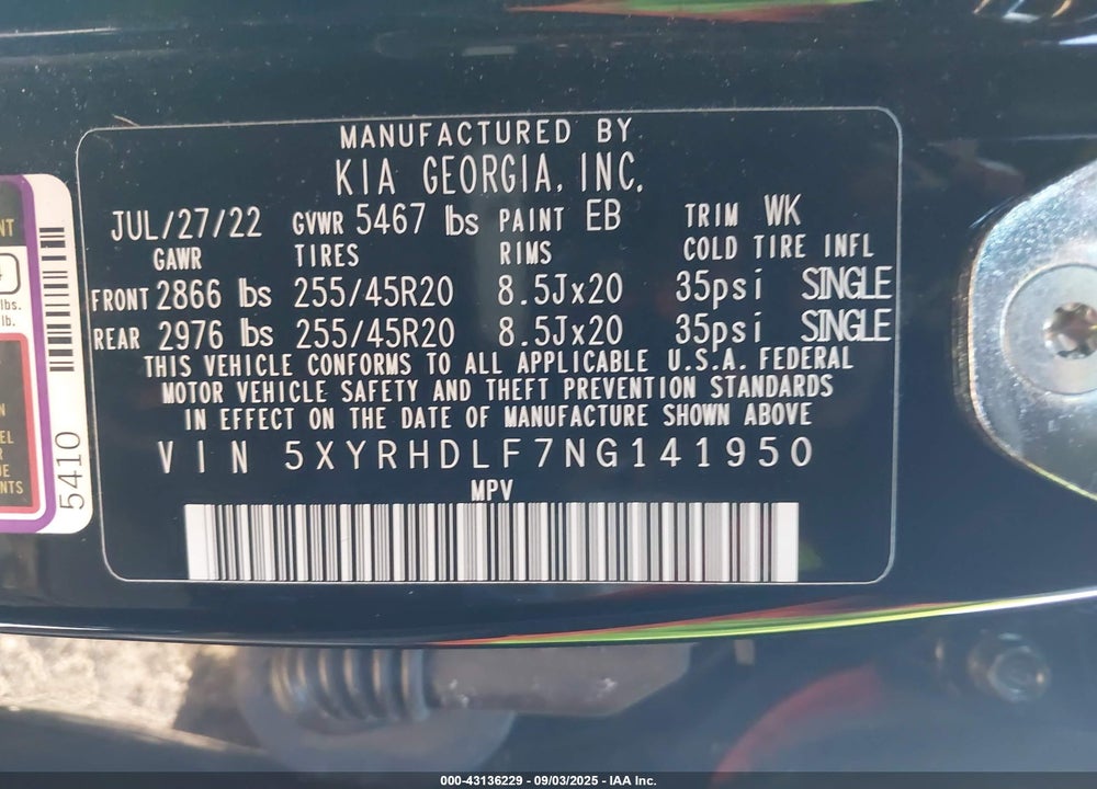 2022 KIA SORENTO X-LINE EX VIN: 5XYRHDLF7NG141950