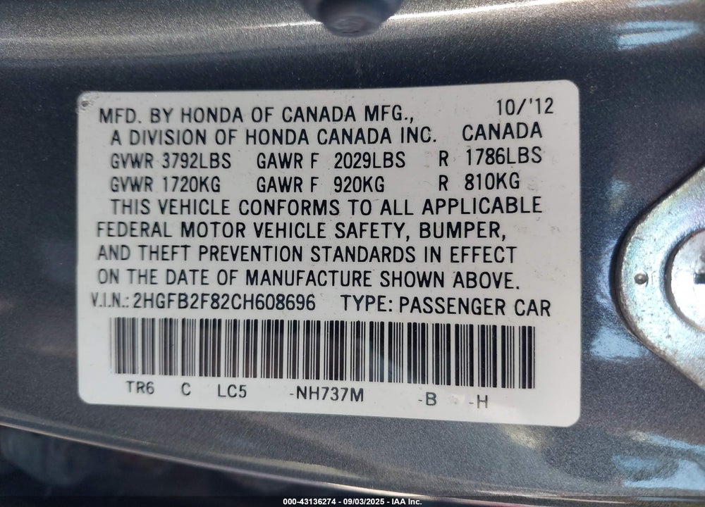 2012 HONDA CIVIC VIN: 2HGFB2F82CH608696