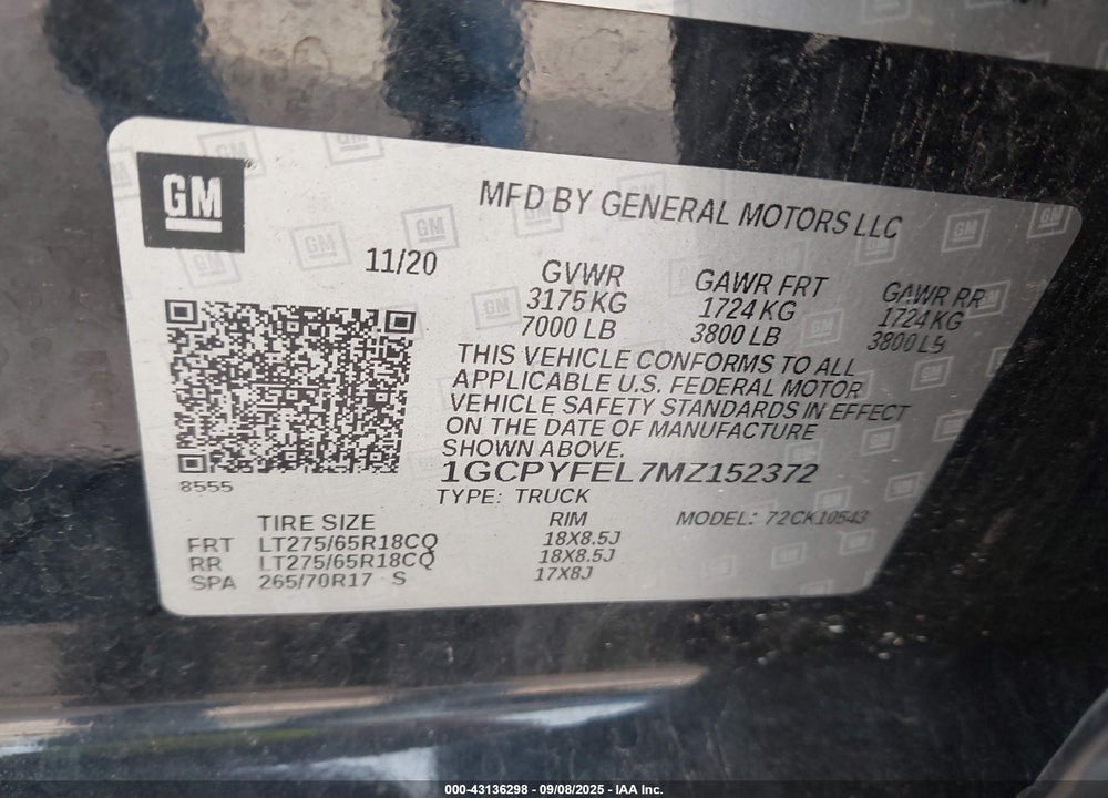 2021 CHEVROLET SILVERADO 1500 VIN: 1GCPYFEL7MZ152372