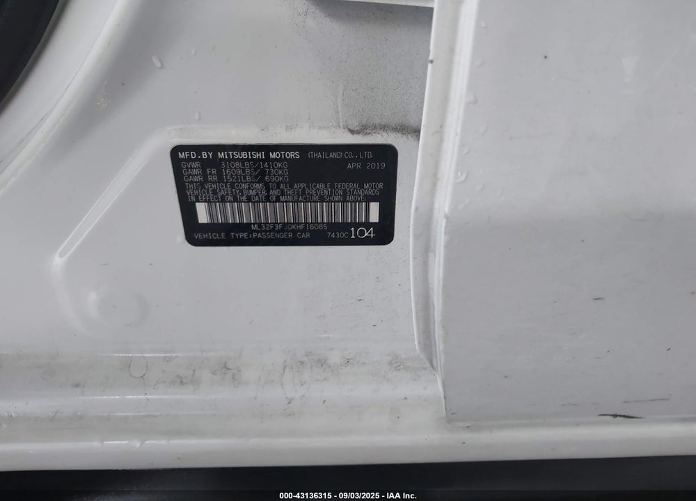 2019 MITSUBISHI MIRAGE G4 ES VIN: ML32F3FJ0KHF16085