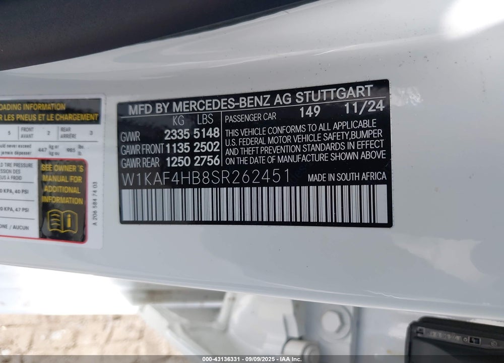 2025 MERCEDES-BENZ C CLASS VIN: W1KAF4HB8SR262451