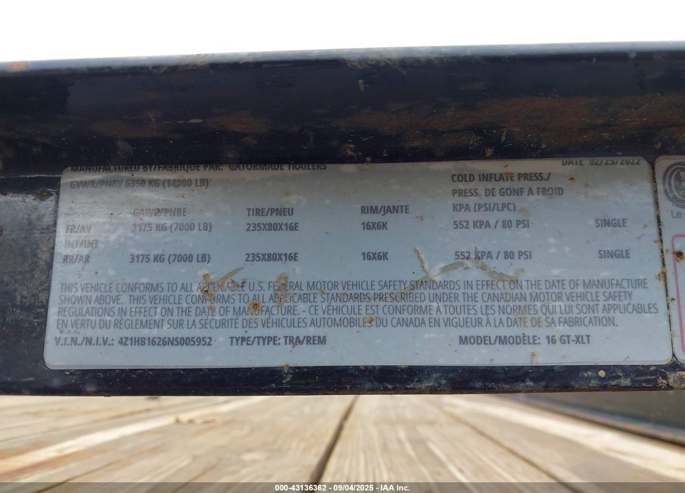 2022 GATOR GT-XLT VIN: 4Z1HB1626NS005952