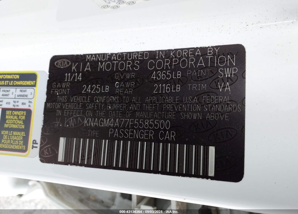 2015 KIA OPTIMA LX VIN: KNAGM4A77F5585500