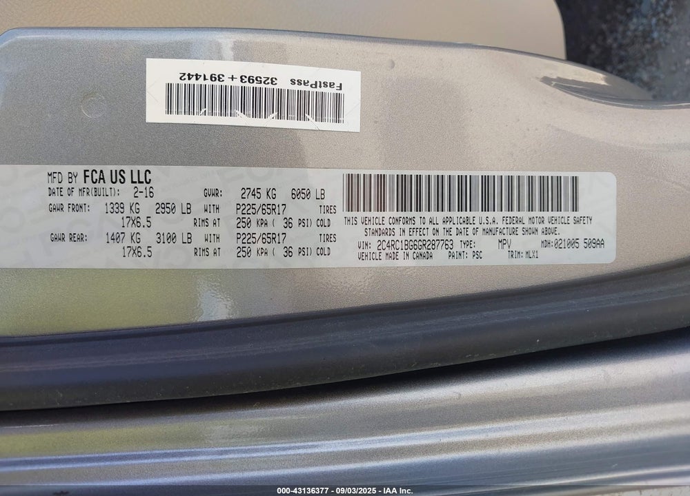 2016 CHRYSLER TOWN & COUNTRY TOURING VIN: 2C4RC1BG6GR287763