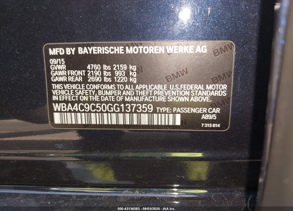 2016 BMW 428I GRAN COUPE XDRIVE VIN: WBA4C9C50GG137359