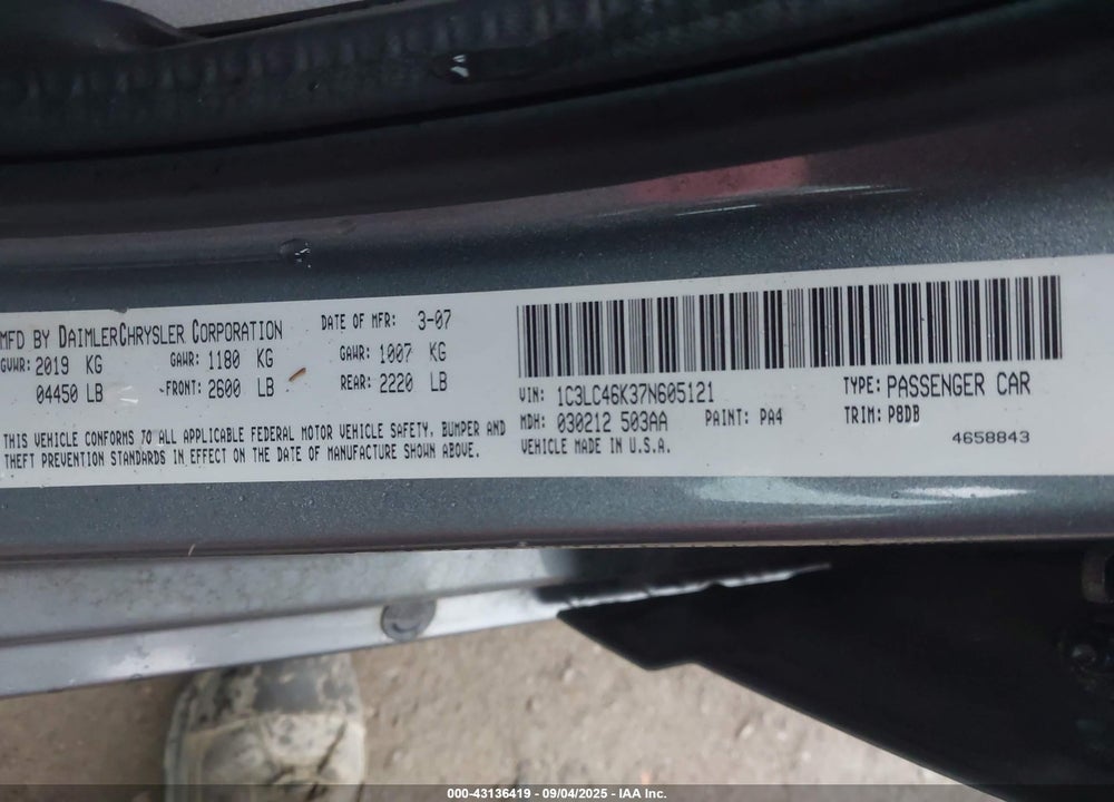 2007 CHRYSLER SEBRING VIN: 1C3LC46K37N605121