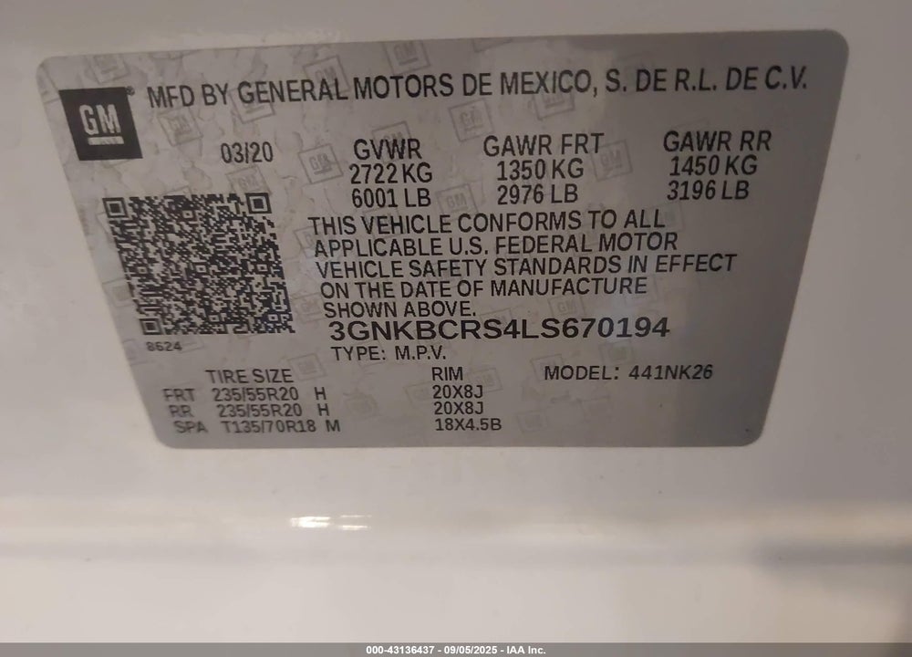 2020 CHEVROLET BLAZER FWD 2LT VIN: 3GNKBCRS4LS670194