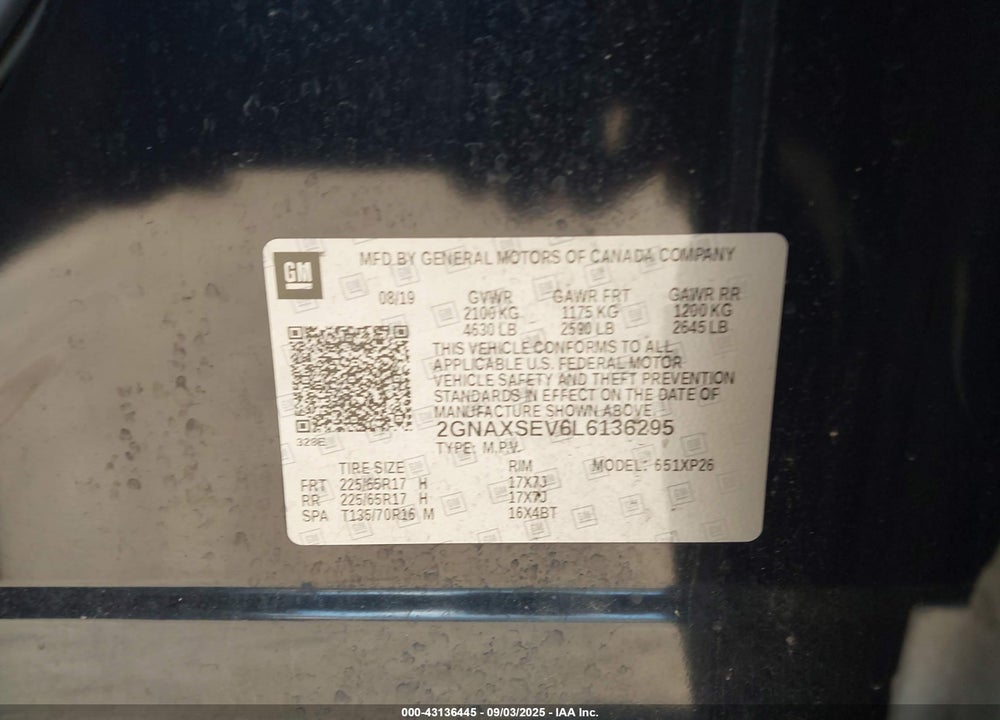 2020 CHEVROLET EQUINOX VIN: 2GNAXSEV6L6136295