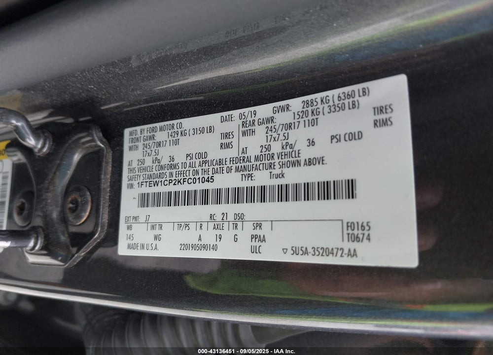 2019 FORD F-150 XL VIN: 1FTEW1CP2KFC01045